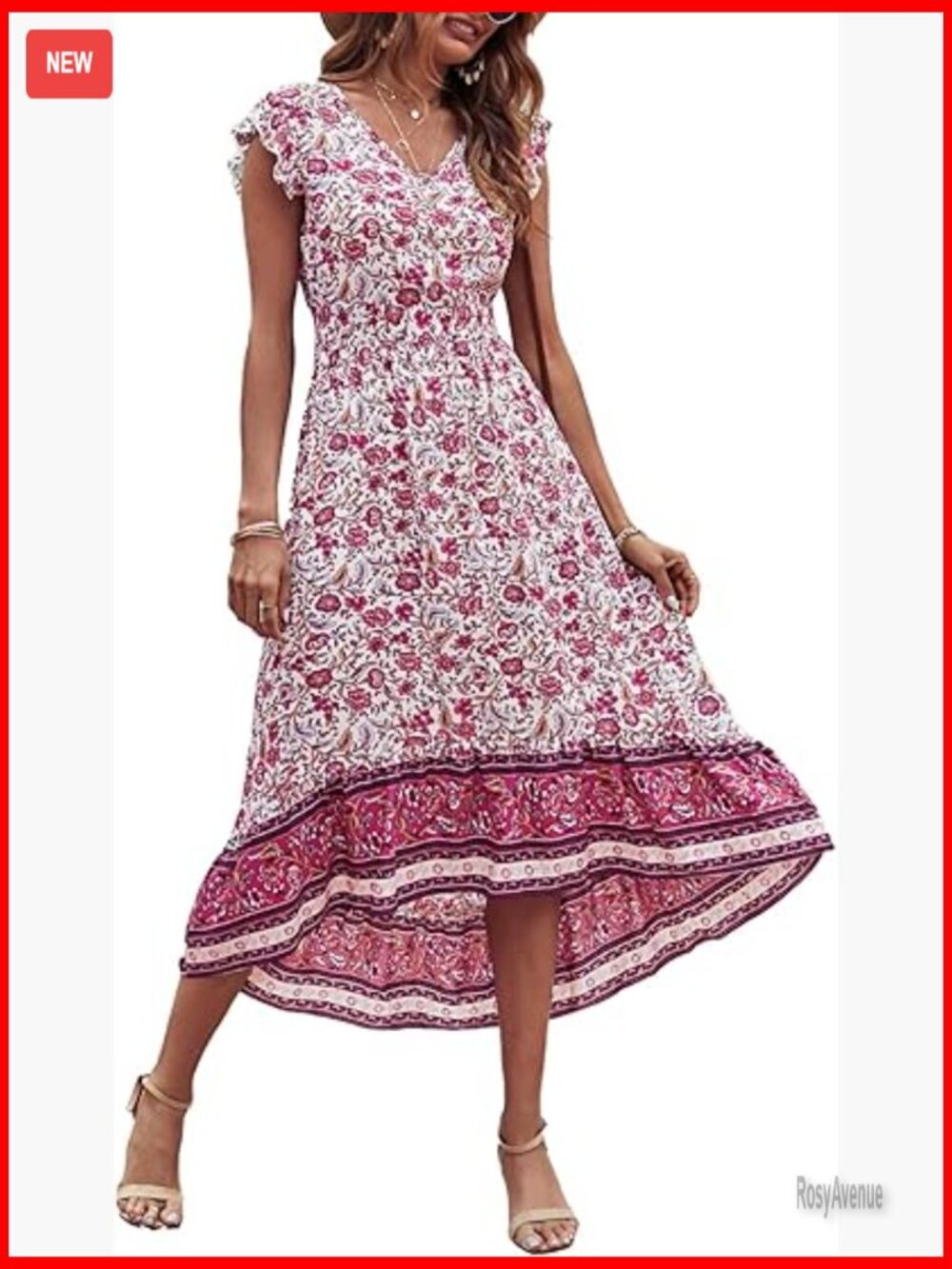 Summer Maxi Dress Floral V-Neck Cap Sleeves Boho High Low Flowy Midi